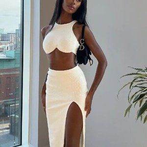 Women Two Piece Ribbed Set Large White Skirt-Crop Top Sleeveless Stretch Slit